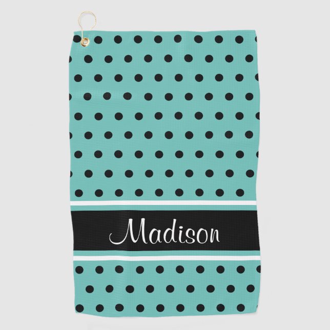 Light Teal Black Polka Dot Stripe Script Name Golf Towel (Front)