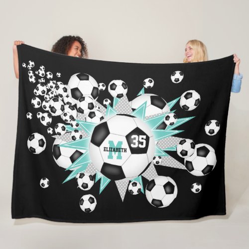 light teal black soccer balls stars girls sports fleece blanket