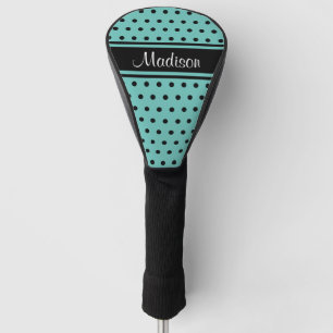 Light Teal Black Stripe Polka Dot Script Name Golf Head Cover