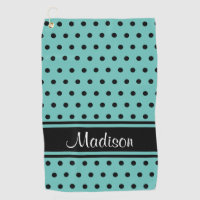 Light Teal Black Stripe Polka Dot Script Name Golf Towel
