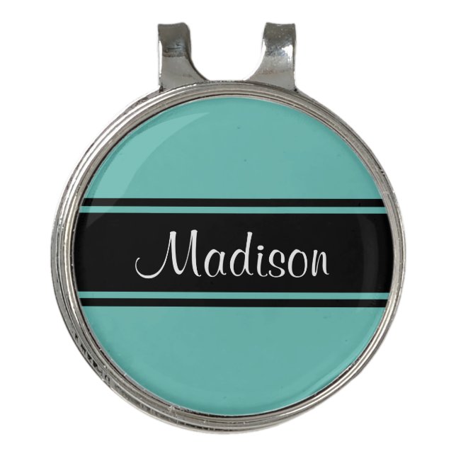 Light Teal Black Stripes Script Name Golf Hat Clip (Front)
