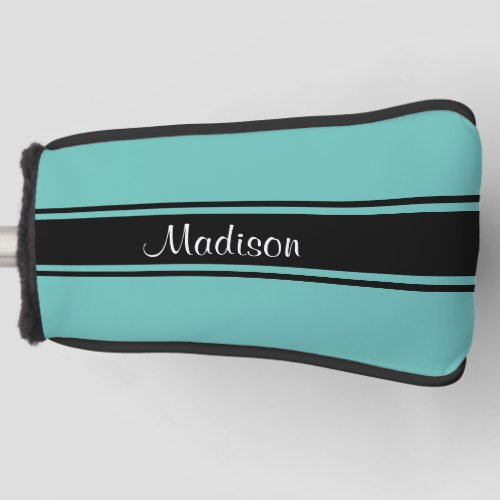 Light Teal Black Stripes Script Name Monogram Golf Head Cover