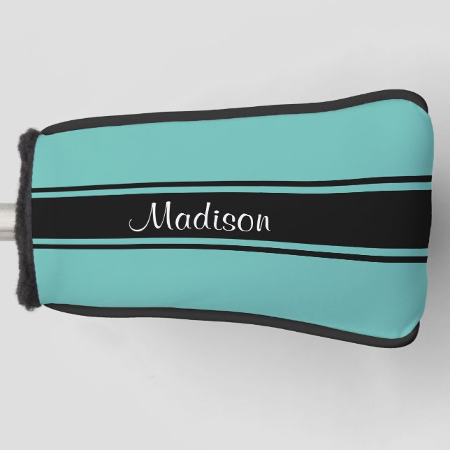 Light Teal Black Stripes Script Name Monogram Golf Head Cover (Front)