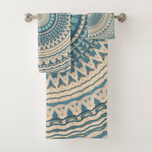 Light Teal Blue Beige Mandala  Bath Towel Set