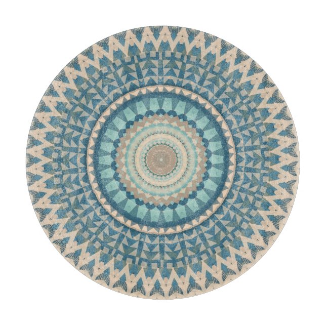 Light Teal Blue Beige Mandala  Cutting Board (Front)