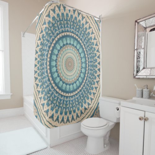 Light Teal Blue Beige Mandala   Shower Curtain