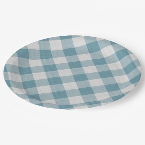 Light Teal Blue Country Cottage Gingham Stripes Paper Plates