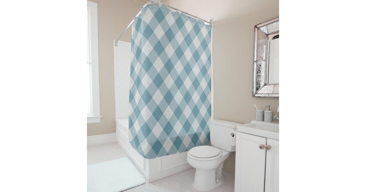 Light Teal Blue Country Cottage Gingham, Country Cottage Style Shower Curtains