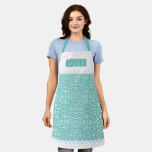 Light teal blue damask pattern scalloped borders apron