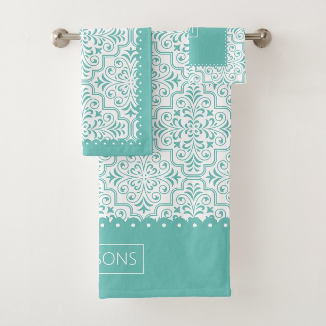 Light teal blue damask pattern, scalloped borders bath towel set (Insitu)