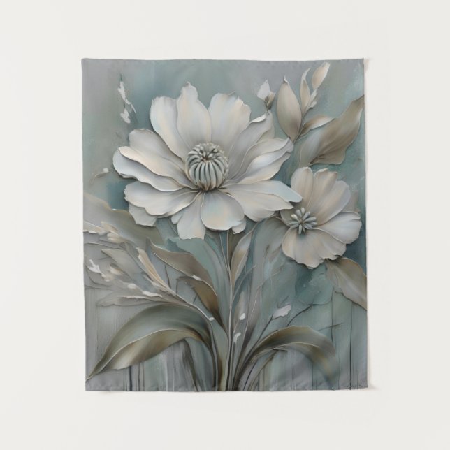 Light Teal Blue Gray Beige White Modern Flowers Tapestry (Front)