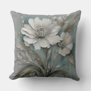 Light Teal Blue Gray Beige White Modern Flowers Throw Pillow