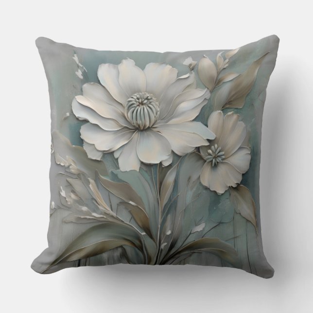 Light Teal Blue Gray Beige White Modern Flowers Throw Pillow (Front)
