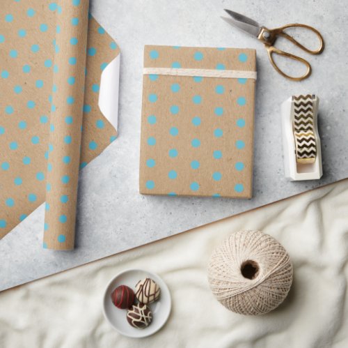 Light Teal Blue Green Dots Faux Rustic Brown Kraft Wrapping Paper