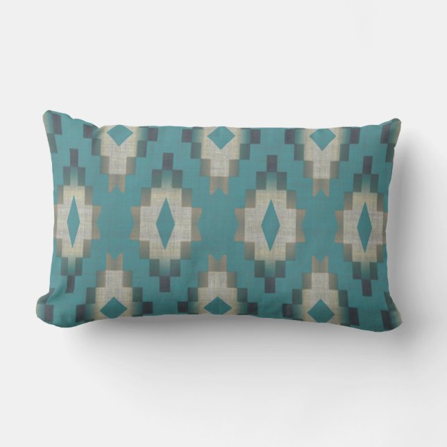 Light Teal Blue Green Taupe Gray Cream Tribal Art Lumbar Pillow (Front)