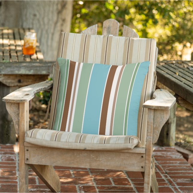Light Teal Blue Sage Green Brown Ivory Art Stripes Outdoor Pillow (Chair)