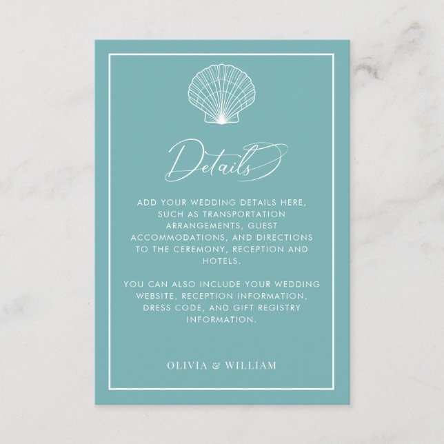 Light Teal Blue Seashell Beach Wedding Details Enclosure Card (Front)