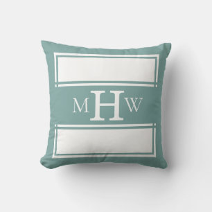 Light Teal Blue & White Monogrammed Banner Border  Throw Pillow