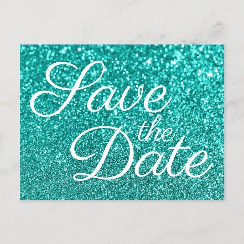 Light Teal Bokeh Glitter Save the Date Postcard