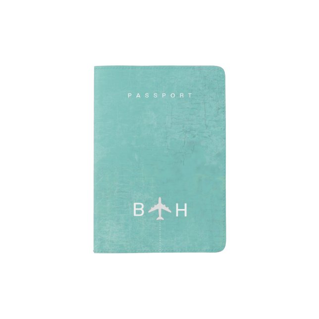 Light Teal Color Passport with Airplane Monogram  Holder (Front)