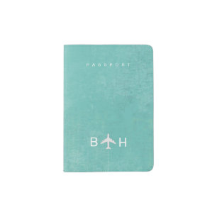 Light Teal Color Passport with Airplane Monogram Passport Holder