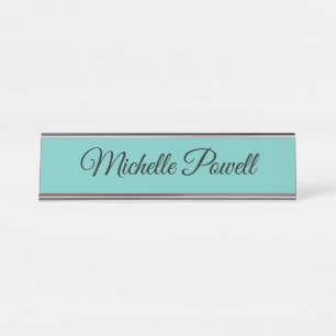 Light Teal Color Trendy Script Modern Desk Name Plate