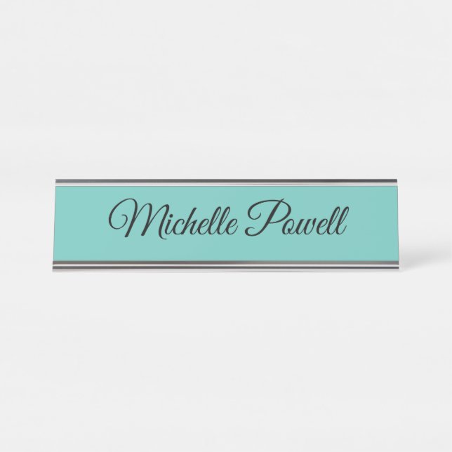 Light Teal Color Trendy Script Modern Desk Name Plate (Front)