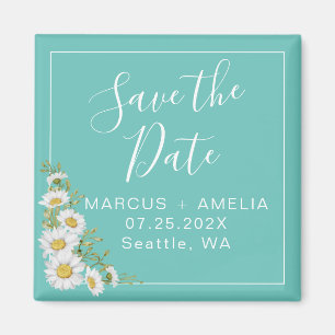 Light Teal & Daisies Save The Date Square Magnet