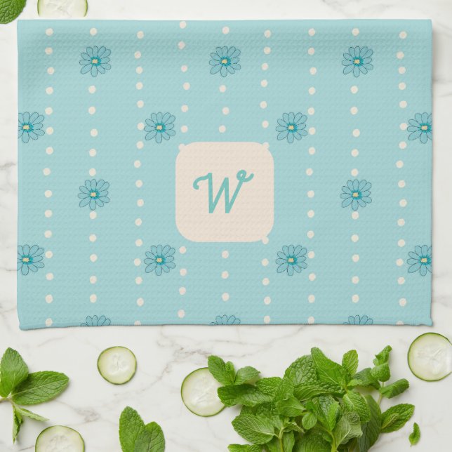 Light Teal Floral Monogram Kitchen Tea Towel (Folded)