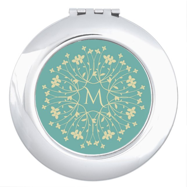 Light Teal Floral Wreath Pattern Monogram Compact Mirror (Front)