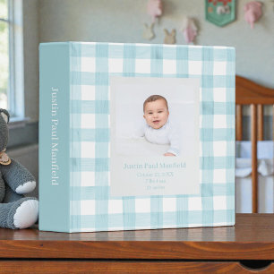 Light Teal Gingham Watercolor Custom Baby Photos 3 Ring Binder