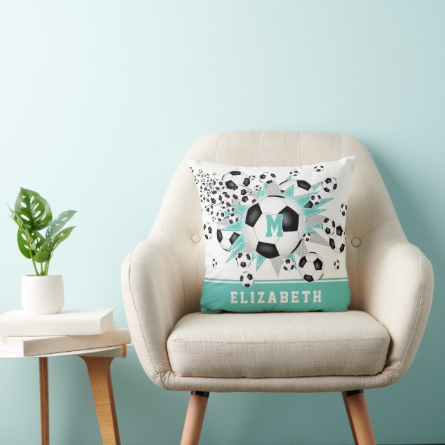 light teal girls sports room soccer balls stars throw pillow (Chair)