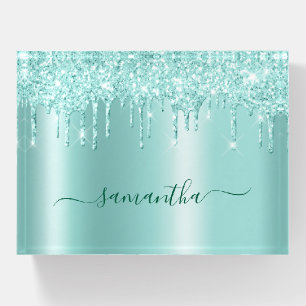 Light Teal Glitter Drips Shimmer Glam Name Paperweight