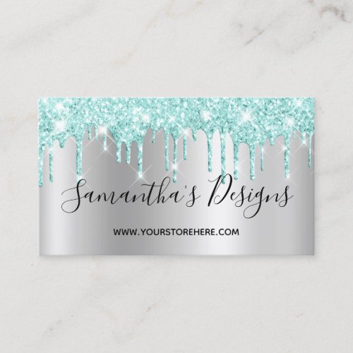 Light Teal Glitter Drips Silver Ombre Online Store Business Card