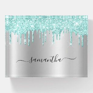 Light Teal Glitter Drips Silver Shimmer Glam Name Paperweight