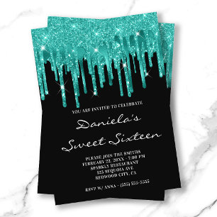 Light Teal Glitter Foil Drip Black Sweet Sixteen Invitation