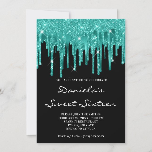 Light Teal Glitter Foil Drip Black Sweet Sixteen Invitation (Front)
