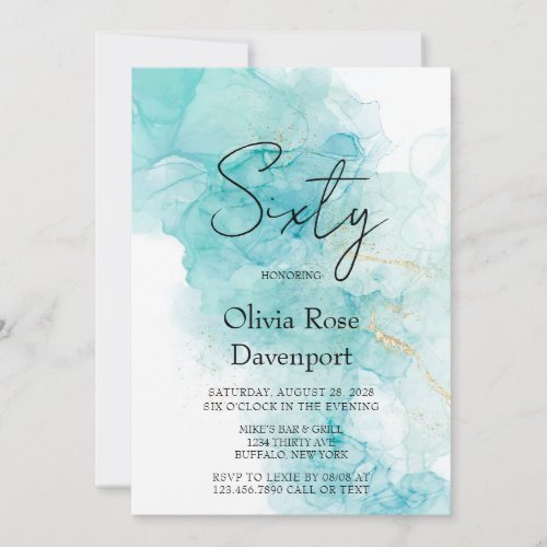 Light Teal  Gold Alcohol Ink 60th Birthday Party Invitation