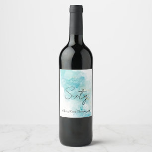 Light Teal & Gold Alcohol Ink 60th Birthday Party Wine Label