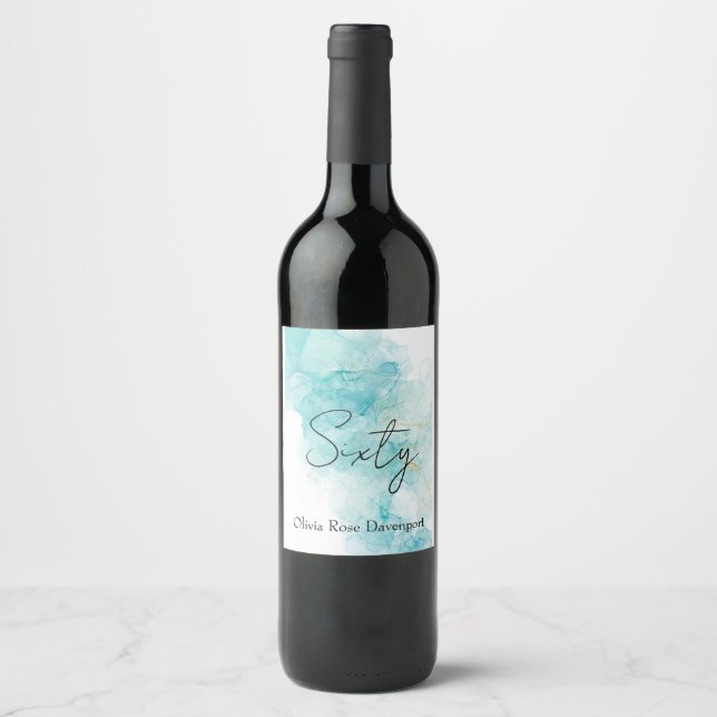 Light Teal & Gold Alcohol Ink 60th Birthday Party Wine Label (Front)
