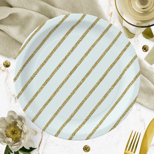 Light Teal Gold Glitter Stripe Pattern Paper Plates