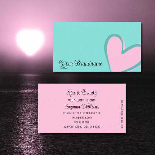Light Teal Gorgeous Pink Heart Modern Cute Simple Business Card