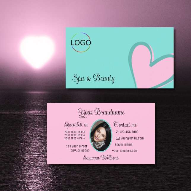 Light Teal Gorgeous Pink Heart with Logo and Photo Business Card (Creator Uploaded)