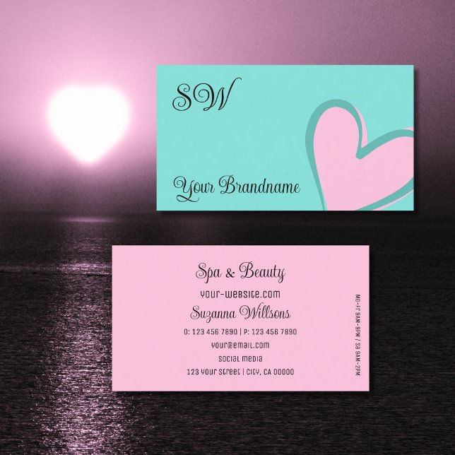 Light Teal Gorgeous Pink Heart with Monogram Cute Business Card (Creator Uploaded)
