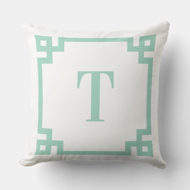Light Teal Greek Key Border Monogram Outdoor Pillow (Front)