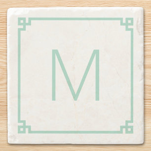 Light Teal Greek Key Border Monogram Stone Coaster