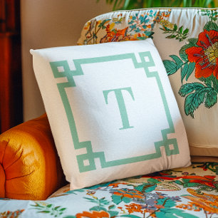 Light Teal Greek Key Border Monogram Throw Pillow