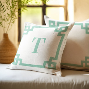 Light Teal Greek Key Border Monogram Throw Pillow
