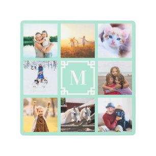 Light Teal Greek Key Monogram 8 Photo Collage Metal Print