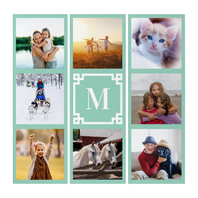 Light Teal Greek Key Monogram 8 Photo Grid Collage Triptych (Front)